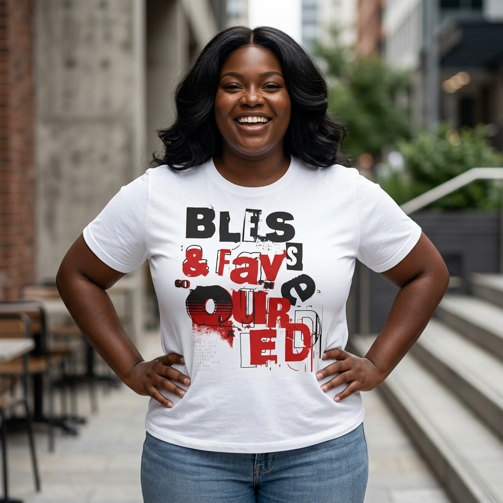 Clothing-Blessed& Favoured Tee on an AI model(white)
